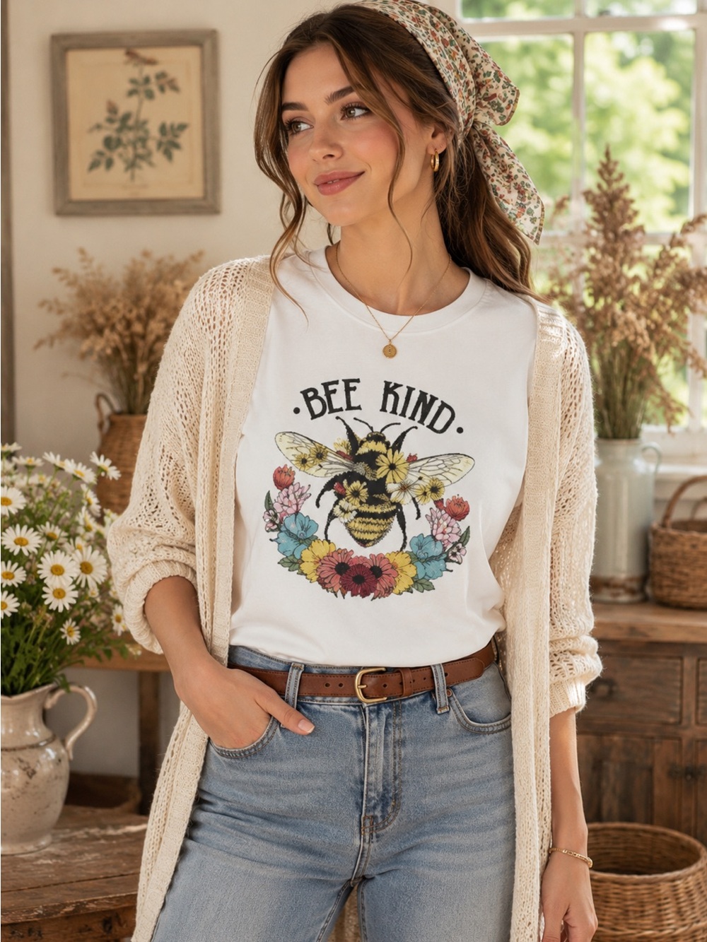 Bee Kind Floral Graphic Tee Cottagecore Boho White Shirt Women’s Small NWOT